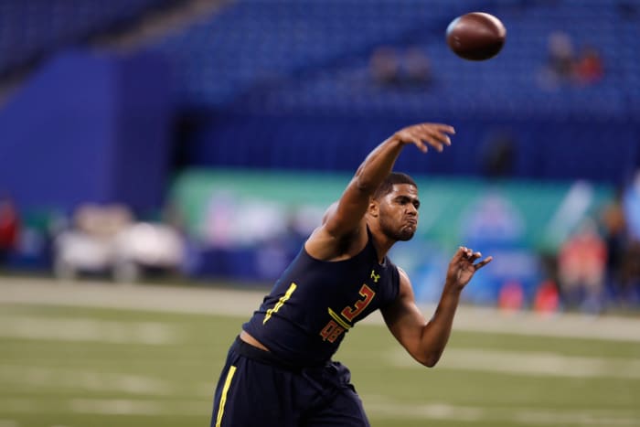 Mar 4, 2017; Indianapolis, IN, USA; Virginia Tech Hokies quarterback Jerod Evans throws a pass during the 2017 NFL Combine at Lucas Oil Stadium. Mandatory Credit: Brian Spurlock-USA TODAY Sport